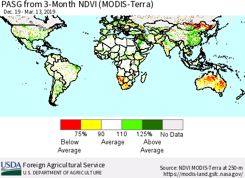 World PASG from 3-Month NDVI (Terra-MODIS) Thematic Map For 3/11/2019 - 3/20/2019