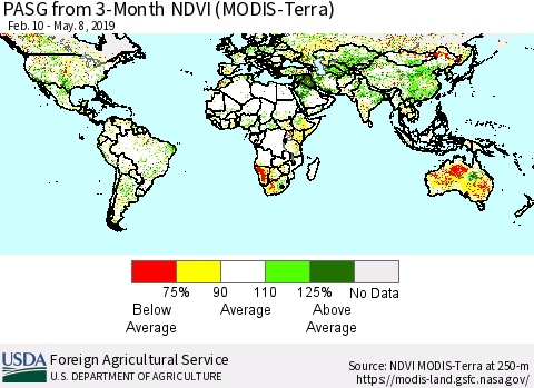 World PASG from 3-Month NDVI (Terra-MODIS) Thematic Map For 5/1/2019 - 5/10/2019