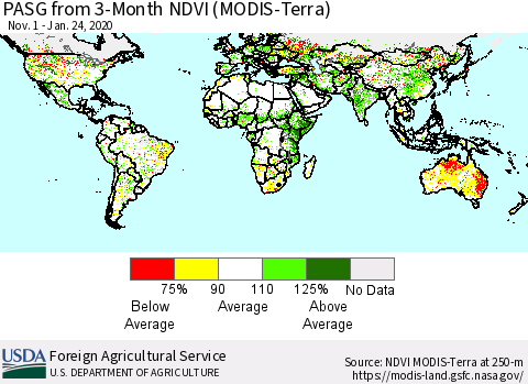World PASG from 3-Month NDVI (MODIS-Terra) Thematic Map For 1/21/2020 - 1/31/2020