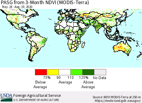 World PASG from 3-Month NDVI (MODIS-Terra) Thematic Map For 8/11/2020 - 8/20/2020