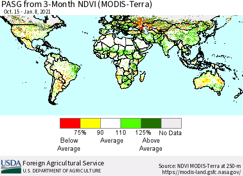 World PASG from 3-Month NDVI (Terra-MODIS) Thematic Map For 1/1/2021 - 1/10/2021