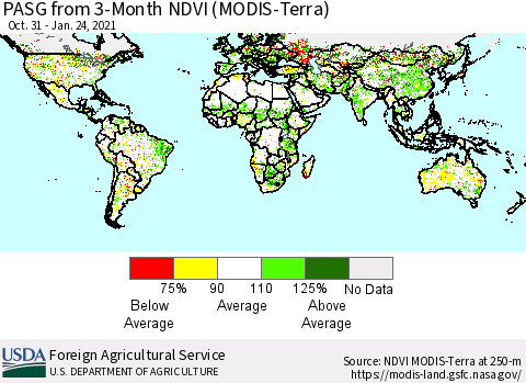 World PASG from 3-Month NDVI (Terra-MODIS) Thematic Map For 1/21/2021 - 1/31/2021