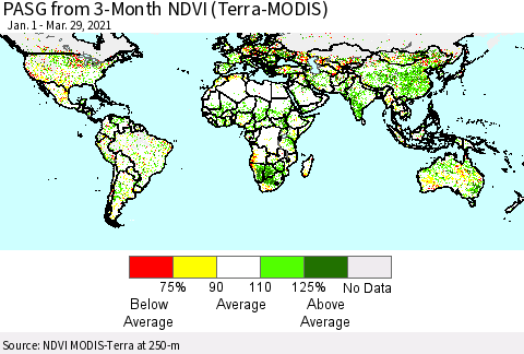 World PASG from 3-Month NDVI (Terra-MODIS) Thematic Map For 3/22/2021 - 3/29/2021