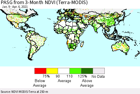 World PASG from 3-Month NDVI (Terra-MODIS) Thematic Map For 3/30/2021 - 4/6/2021