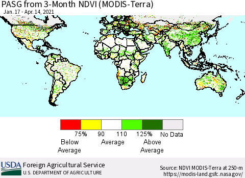 World PASG from 3-Month NDVI (Terra-MODIS) Thematic Map For 4/11/2021 - 4/20/2021