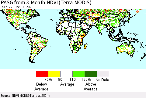 World PASG from 3-Month NDVI (Terra-MODIS) Thematic Map For 12/11/2021 - 12/18/2021