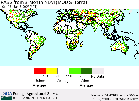 World PASG from 3-Month NDVI (Terra-MODIS) Thematic Map For 1/1/2022 - 1/10/2022