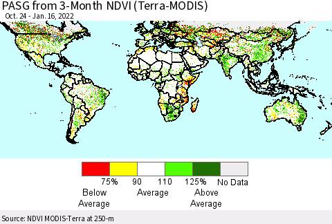 World PASG from 3-Month NDVI (Terra-MODIS) Thematic Map For 1/9/2022 - 1/16/2022