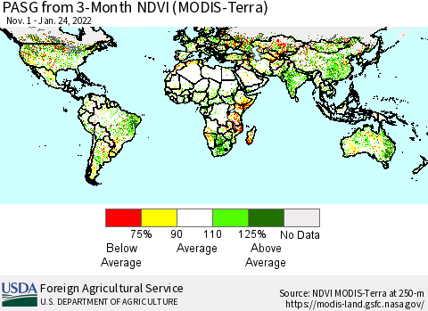 World PASG from 3-Month NDVI (Terra-MODIS) Thematic Map For 1/21/2022 - 1/31/2022