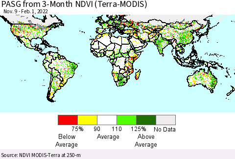 World PASG from 3-Month NDVI (Terra-MODIS) Thematic Map For 1/25/2022 - 2/1/2022