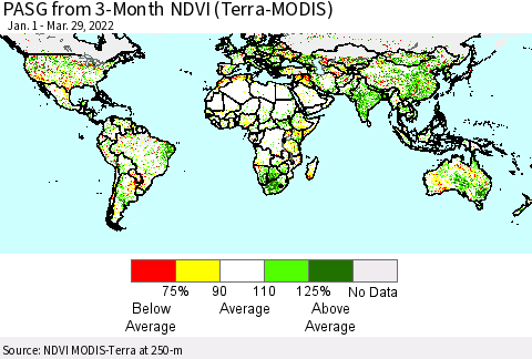 World PASG from 3-Month NDVI (Terra-MODIS) Thematic Map For 3/22/2022 - 3/29/2022