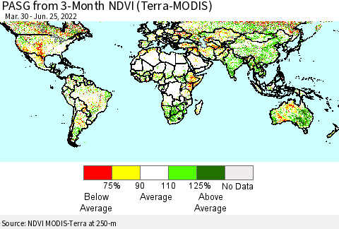 World PASG from 3-Month NDVI (Terra-MODIS) Thematic Map For 6/18/2022 - 6/25/2022