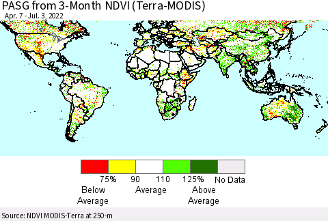 World PASG from 3-Month NDVI (Terra-MODIS) Thematic Map For 6/26/2022 - 7/3/2022
