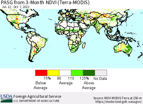 World PASG from 3-Month NDVI (Terra-MODIS) Thematic Map For 10/1/2022 - 10/10/2022