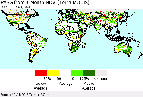World PASG from 3-Month NDVI (Terra-MODIS) Thematic Map For 1/1/2023 - 1/8/2023
