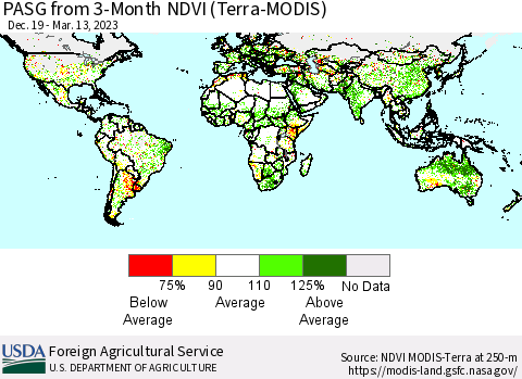 World PASG from 3-Month NDVI (Terra-MODIS) Thematic Map For 3/11/2023 - 3/20/2023