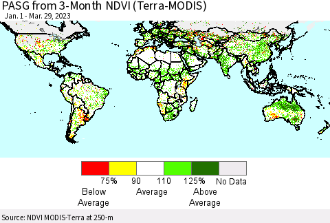 World PASG from 3-Month NDVI (Terra-MODIS) Thematic Map For 3/22/2023 - 3/29/2023