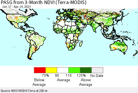 World PASG from 3-Month NDVI (Terra-MODIS) Thematic Map For 4/7/2023 - 4/14/2023