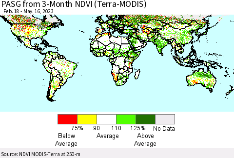 World PASG from 3-Month NDVI (Terra-MODIS) Thematic Map For 5/9/2023 - 5/16/2023