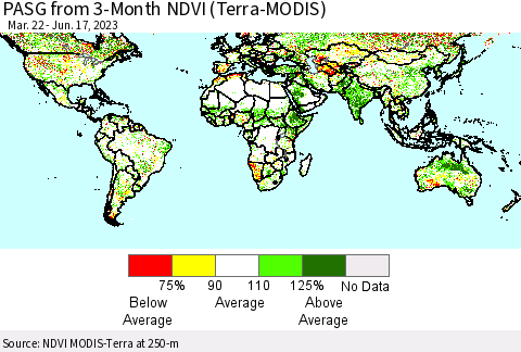 World PASG from 3-Month NDVI (Terra-MODIS) Thematic Map For 6/10/2023 - 6/17/2023