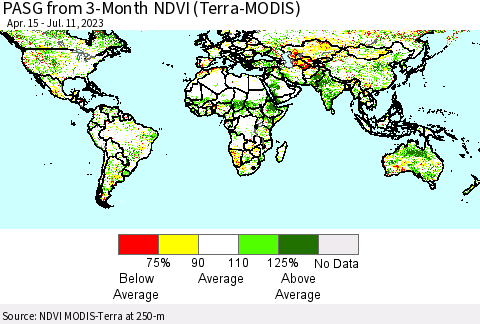 World PASG from 3-Month NDVI (Terra-MODIS) Thematic Map For 7/4/2023 - 7/11/2023