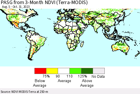 World PASG from 3-Month NDVI (Terra-MODIS) Thematic Map For 10/24/2023 - 10/31/2023
