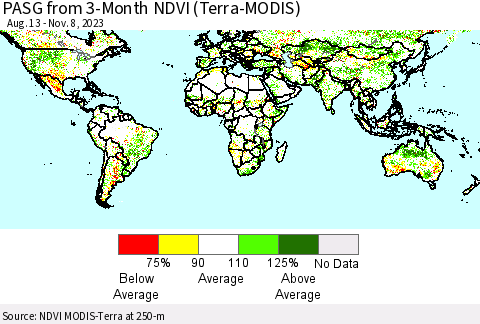 World PASG from 3-Month NDVI (Terra-MODIS) Thematic Map For 11/1/2023 - 11/8/2023