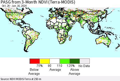 World PASG from 3-Month NDVI (Terra-MODIS) Thematic Map For 1/9/2024 - 1/16/2024