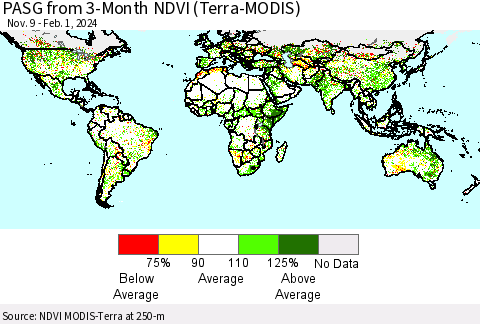 World PASG from 3-Month NDVI (Terra-MODIS) Thematic Map For 1/25/2024 - 2/1/2024