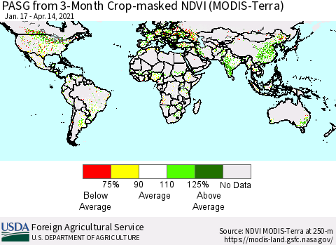 World PASG from 3-Month Crop-masked NDVI (MODIS-Terra) Thematic Map For 4/11/2021 - 4/20/2021