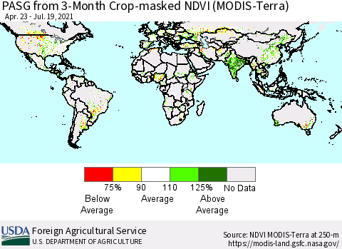 World PASG from 3-Month Crop-masked NDVI (MODIS-Terra) Thematic Map For 7/11/2021 - 7/20/2021
