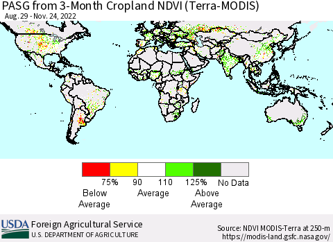 World PASG from 3-Month Cropland NDVI (Terra-MODIS) Thematic Map For 11/21/2022 - 11/30/2022