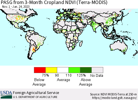 World PASG from 3-Month Cropland NDVI (Terra-MODIS) Thematic Map For 1/21/2023 - 1/31/2023