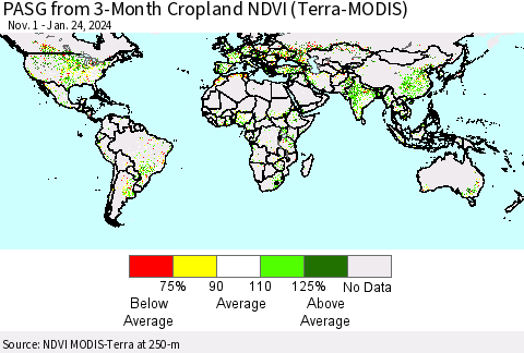 World PASG from 3-Month Cropland NDVI (Terra-MODIS) Thematic Map For 1/17/2024 - 1/24/2024