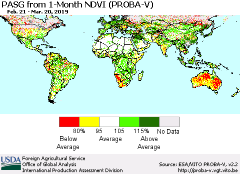 World PASG from 1-Month NDVI (PROBA-V) Thematic Map For 3/11/2019 - 3/20/2019