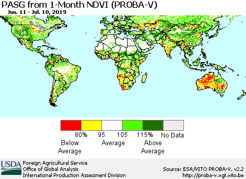 World PASG from 1-Month NDVI (PROBA-V) Thematic Map For 7/1/2019 - 7/10/2019