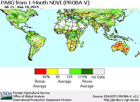 World PASG from 1-Month NDVI (PROBA-V) Thematic Map For 8/1/2019 - 8/10/2019