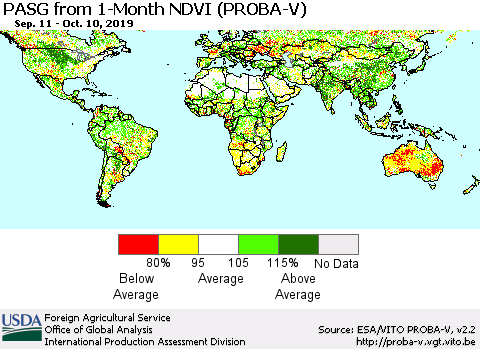 World PASG from 1-Month NDVI (PROBA-V) Thematic Map For 10/1/2019 - 10/10/2019