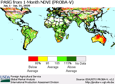 World PASG from 1-Month NDVI (PROBA-V) Thematic Map For 1/21/2020 - 1/31/2020