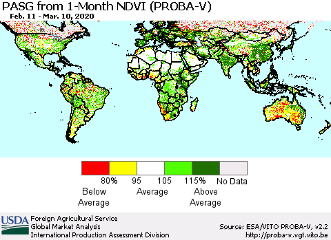 World PASG from 1-Month NDVI (PROBA-V) Thematic Map For 3/1/2020 - 3/10/2020