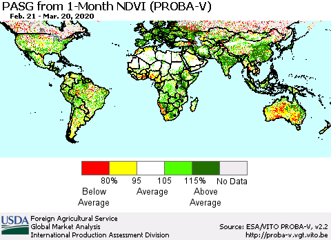 World PASG from 1-Month NDVI (PROBA-V) Thematic Map For 3/11/2020 - 3/20/2020