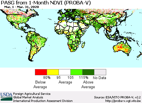 World PASG from 1-Month NDVI (PROBA-V) Thematic Map For 3/21/2020 - 3/31/2020
