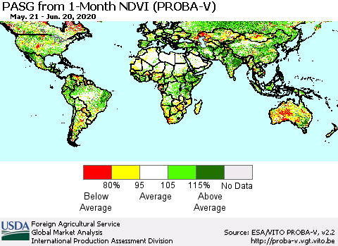 World PASG from 1-Month NDVI (PROBA-V) Thematic Map For 6/11/2020 - 6/20/2020