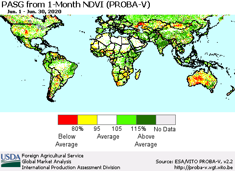 World PASG from 1-Month NDVI (PROBA-V) Thematic Map For 6/21/2020 - 6/30/2020