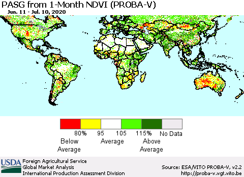 World PASG from 1-Month NDVI (PROBA-V) Thematic Map For 7/1/2020 - 7/10/2020