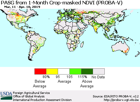 World PASG from 1-Month Crop-masked NDVI (PROBA-V) Thematic Map For 4/1/2019 - 4/10/2019