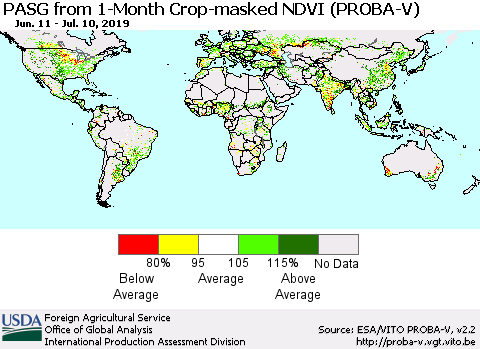 World PASG from 1-Month Crop-masked NDVI (PROBA-V) Thematic Map For 7/1/2019 - 7/10/2019