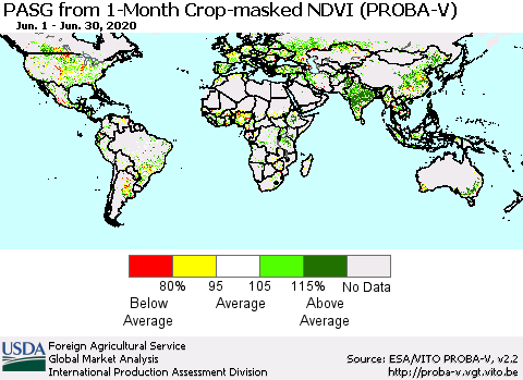 World PASG from 1-Month Crop-masked NDVI (PROBA-V) Thematic Map For 6/21/2020 - 6/30/2020