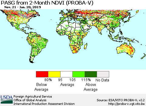World PASG from 2-Month NDVI (PROBA-V) Thematic Map For 1/11/2019 - 1/20/2019