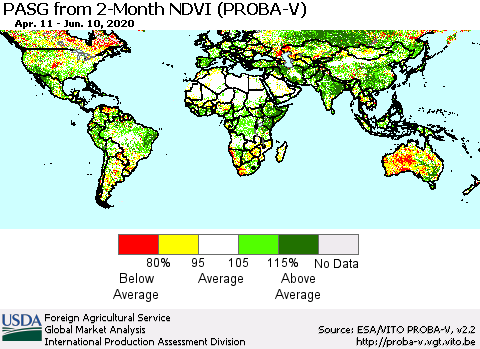 World PASG from 2-Month NDVI (PROBA-V) Thematic Map For 6/1/2020 - 6/10/2020